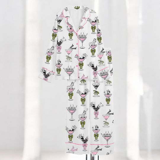 Womens Girls In Martini Glass Pajama Set, Western Girls Print Silk Sleepwear