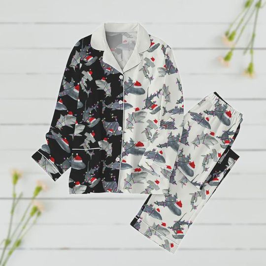 Discover Shark Christmas Pajama Set: Brushed Silk Santa Hat Holiday PJs