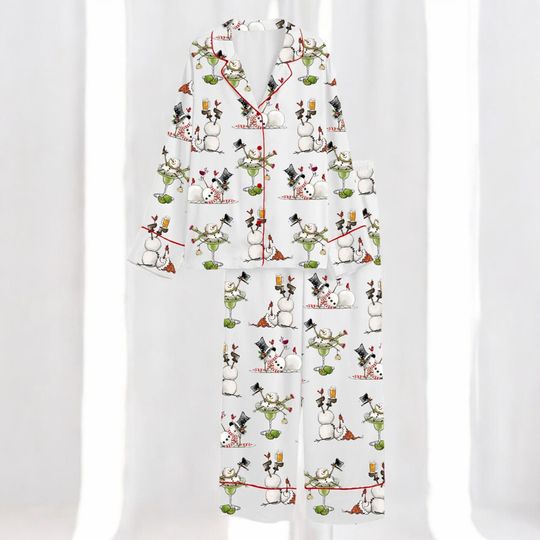 Discover Womens Snowman Martini Pajama Set, Funny Christmas Beer Wine Lover PJs, Holiday Silk Sleepwear