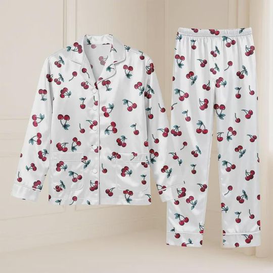 Discover Cherry Print Satin Pajama Set: Women's Silk Loungewear