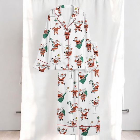 Discover Womens Christmas Santa Martini Pajama Set, Mid Century Modern Cocktail Silk Sleepwear