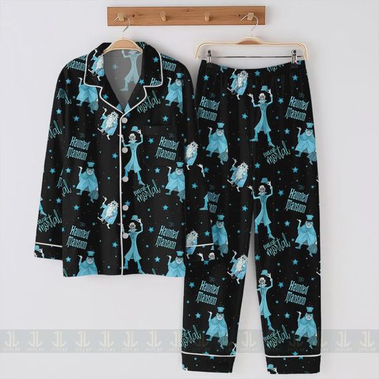 Haunted Mansion Hitchhiking Ghosts Silk Pajama Set: Unisex Halloween PJs