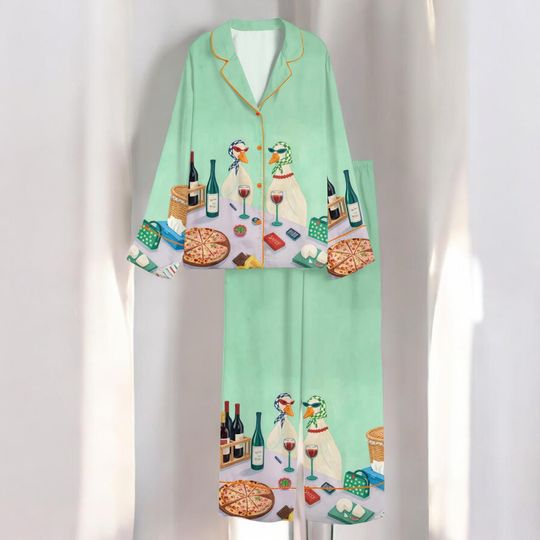 Duck Wine Pajama Set, Cheese Scene Sleepwear, Quirky PJs