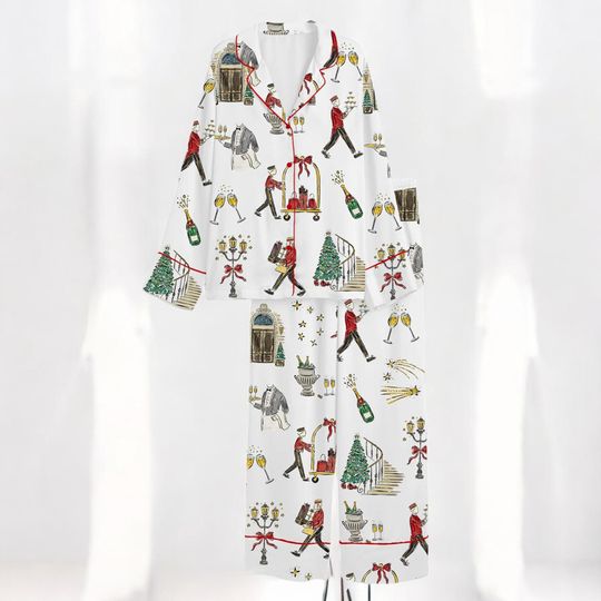 Discover Womens Watercolor Christmas Pajama Set, Hand Drawn Hotel Print Silk Sleepwear