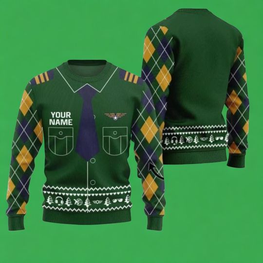 Discover Pilot Christmas Sweater, Funny Airline Uniform Ugly Holiday Jumper, Custom Name Xmas Sweatshirt Gift For Aviation Lovers