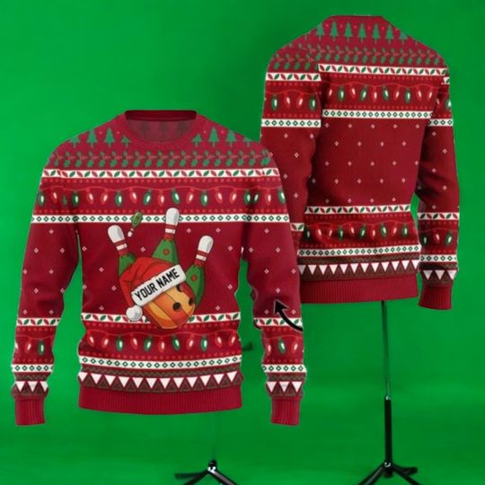 Discover Bowling Ball Christmas Sweater, Funny Custom Name Ugly Holiday Sweatshirt