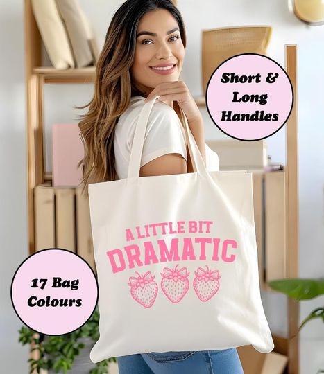 Discover Strawberry Print Tote Bag: "A Little Bit Dramatic" Woven Cotton