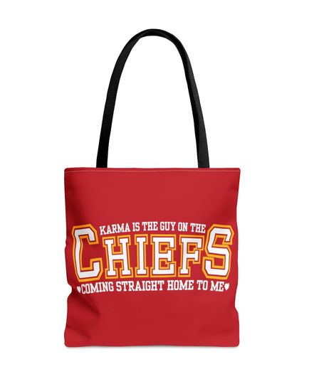 Discover Red KARMA is the Guy on the Chiefs Coming Straight Home to Me.  Perfect Gift For swiftiee! Tote Bag