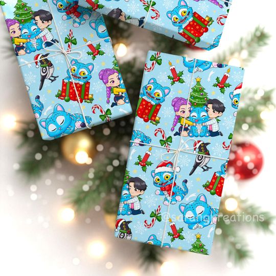 Discover K-pop Demon Friends Holiday Gift Wrap Paper, Unique K-Pop Christmas Wrapping, Perfect Gift for KPDH Fans