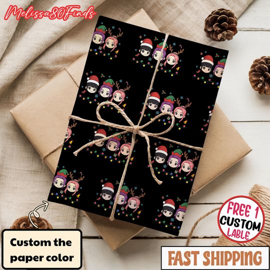 Huntrix Chibi K-Pop Demon Hunters Christmas Wrapping Paper, Anime Holiday Gift Wrap, Christmas Wrapping Paper, Derpy Tiger Xmas Pattern