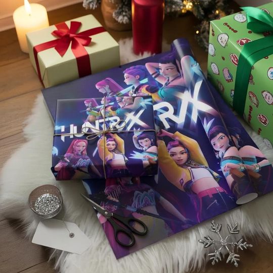 Huntrix Wrapping Paper, Kpop Demon Hunters Gift Wrap, Futuristic Neon Wrapping Sheets, Cyberpunk Gift Wrap, Kpop Demon Hunter Christmas Gift