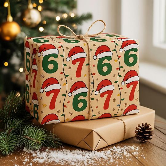 67 Kraft Christmas Wrapping Paper, Cute Santa Number Gift Wrap, Red Green Holiday Paper, Gen Alpha Trend, Festive Kids Xmas Decor