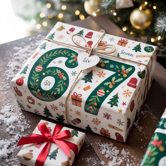 67 Christmas Wrapping Paper, Cute Holiday Gift Wrap, Red Green Festive Paper, Gen Alpha Trend, Santa Christmas Decor, Teen Slang Xmas Gift