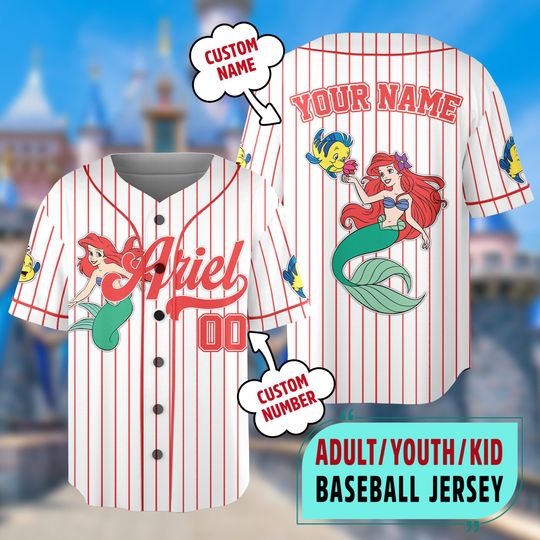 Discover Custom Ariel Princess Baseball Jersey, Custom Name The Little Mermaid Kid Youth Adult Jersey, Princess Baseball Jersey Outfit