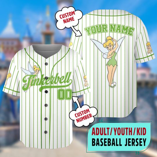 Custom Tinkerbell Princess Jersey, Custom Tinker Bell Kid Youth Adult Jersey Team, Princess Matching Baseball Jersey Outfit
