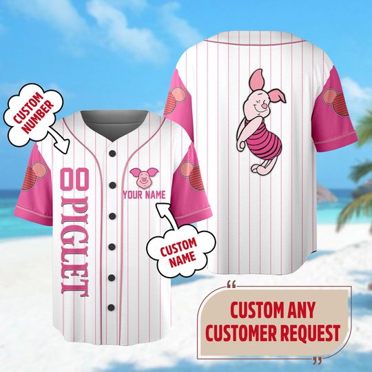 Discover Personalized Pink Pig Baseball Jersey, Cartoon Pig Animal Character Baseball Shirt, Magic Kingdom Group Matching Tee, Birthday Gift For Kid