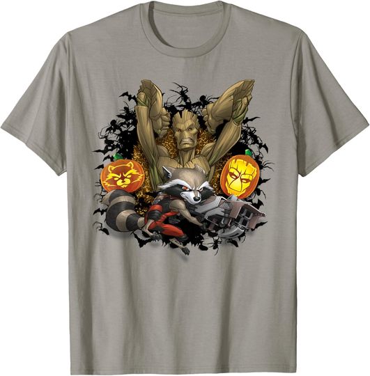 Marvel Groot and Rocket Raccoon Jack-o'-Lantern Halloween T-Shirt, Gift For Fans