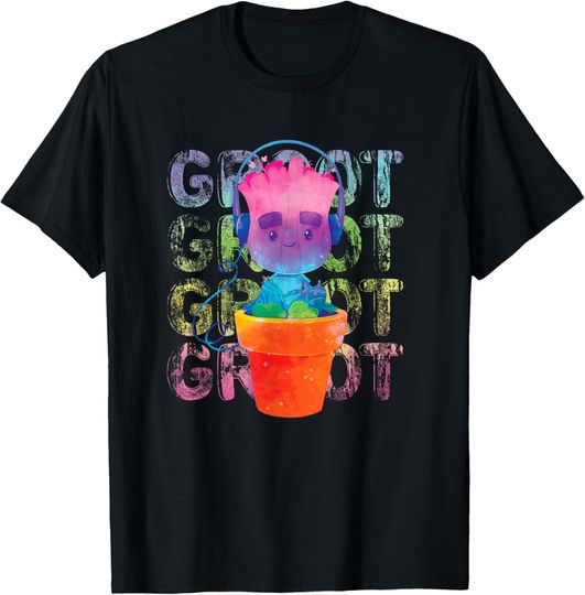 Discover Marvel Groot Headphones & Flowerpot Rainbow Colours T-Shirt, Gift For Fans