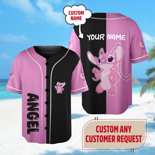 Personalized Angel Pink Baseball Jersey, Funny Angel Monster Character Jersey, Stitch Birthday Gift For Kid Adult