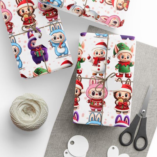 Labubu Christmas Wrapping Paper | Kawaii Holiday Gift Wrap | Cute Anime Character Gift Wrap Sheets | Festive Aesthetic Packaging Paper