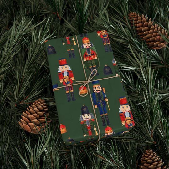 Discover Nutcracker Christmas Wrapping Paper | Green Holiday Gift Wrap Roll | Festive Red & Gold Nutcracker Pattern | Luxury Xmas Packaging