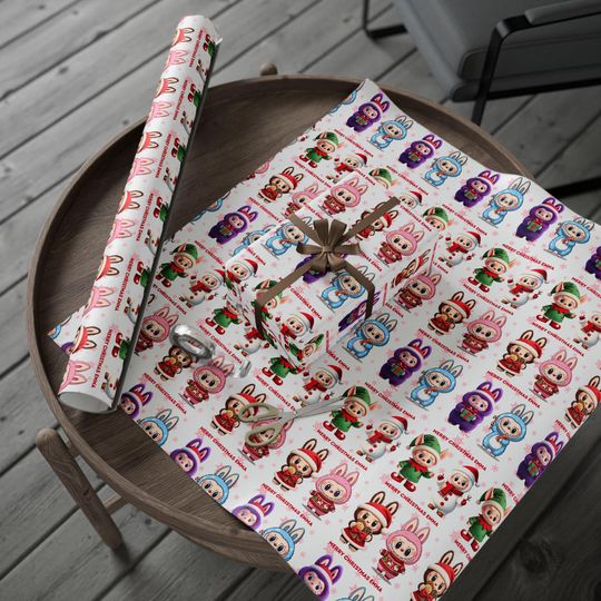 Personalized Labubu Christmas Wrapping Paper | Custom Name Kawaii Gift Wrap | Anime Character Xmas Wrapping Paper | Family Name Gift Wrap