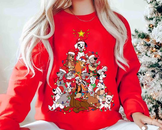 Discover Disney Dog Characters Christmas Tree Light Sweatshirt, Goofy Pluto Oliver Lady and The Tramp Holiday T-shirt