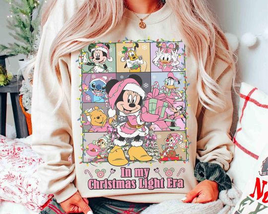 Discover Disney Christmas Sweatshirt for Women, Mickey & Friends Pink Xmas Light Shirt