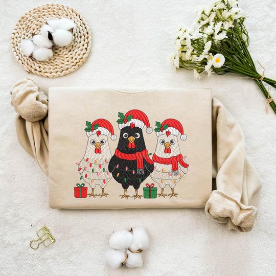 Discover Embroidered Santa Christmas Chicken Sweatshirt, Funny Chicken Embroidery Gift, Christmas Chicken Shirt, Christmas Embroidery Shirt