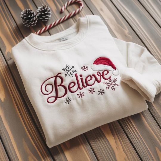 Discover Embroidered Christmas Shirt, Believe Embroidered Shirt, Believe Machine Embroidery Shirt, Christmas Believe Shirt