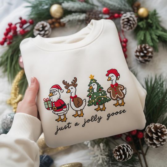 Discover Christmas Goose Embroidered Sweatshirt, Festive Goose in Santa, Reindeer, Tree, Gingerbread Outfits, Funny Holiday Sweatshirt,Christmas Gift