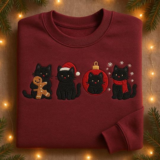 Discover Christmas Black Cats Embroidered Sweatshirt, Cute Holiday Cat Lover Sweater, Festive Kitty Crewneck, Funny Xmas Gift, Cozy Winter Pet Shirt