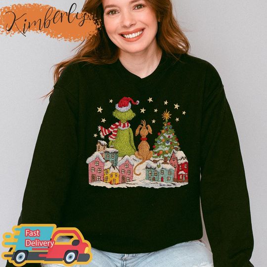 Discover Faux Embroidery Christmas Town Shirt, Max Dog and Green Guy T-shirt, Trendy Yarn Crochet Christmas Sweatshirt, Christmas Patchwork Shirt