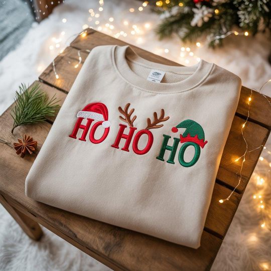 Discover Christmas Ho Ho Ho Embroidered Sweatshirt, Christmas Santa Reindeer Elves Embroidered Shirt, Merry Christmas Gift, Winter Holiday Gift