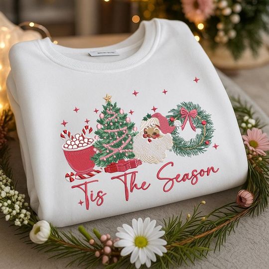 Discover Tis The Season Embroidered Sweatshirt, Christmas Santa Tree Wreath Sweater, Holiday Crewneck, Festive Embroidery Gift, Winter Cozy Shirt