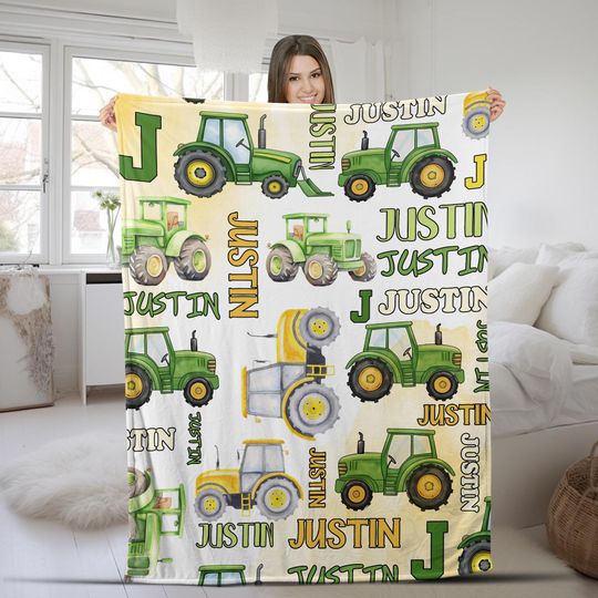 Discover Farmer Personalized Baby Blanket, Tractor Blanket, Farm Baby Blanket, Custom Baby Blanket, Personalized Name Blanket OHVF26