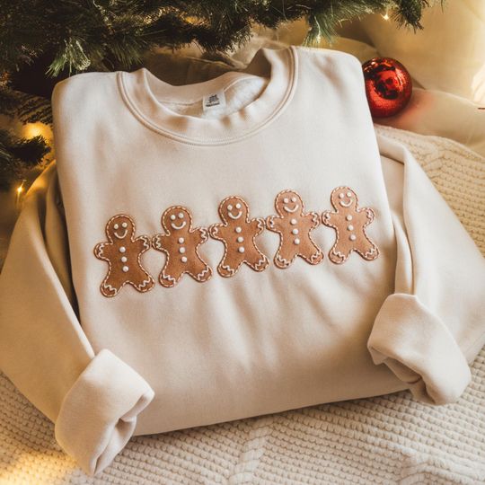 Discover Embroidered Christmas Gingerbread Cookies Shirt : Festive Holiday Outfit, Womens Xmas Graphic Tee, Gingerbread Christmas Sweatshirt Crewneck