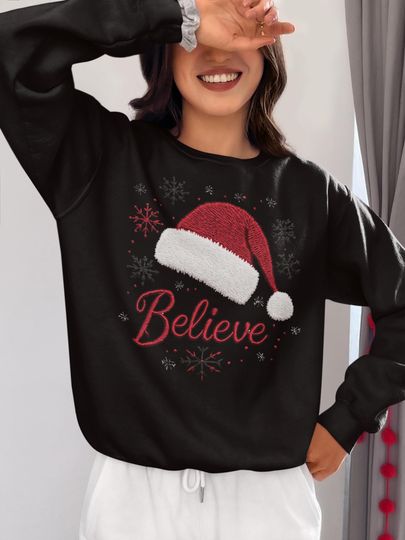 Discover Believe Santa Hat Embroidered Sweatshirt, Believe Santa Hat Embroidery Christmas, Festive Embroidery Gift for Vintage Christmas