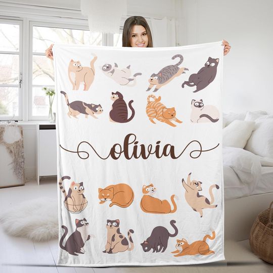 Discover Personalized Cat Blanket, Cute Cats Blanket, Custom Name Soft Cozy Sherpa Fleece Throw Blankets, Gift For Cat Lover, Cat Mom, Cat Dad UMZ506