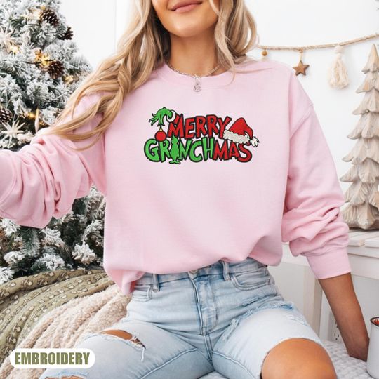 Discover Embroidered funny character Face Crewneck for the Holidays, funny character Holiday Sweater, Christmas funny character Embroidered Sweatshirt, Whoville Christmas