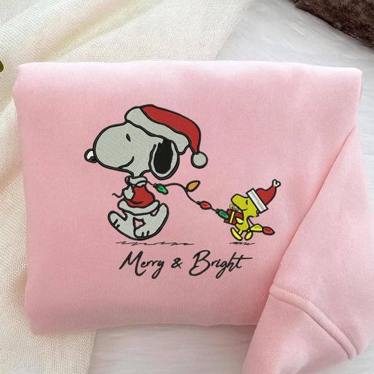 Discover Funny Snoopy Woodstock Christmas Embroidered Sweatshirt, Snoopy Christmas Embroidered Sweatshirt, Merry & Bright Embroidered Sweatshirt