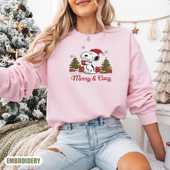 Discover Christmas Snoopy Embroidered Sweatshirt, Santa Snoopy Shirt Xmas Cartoon Sweater, Vintage Christmas Crewneck, Snoopy Peanuts Fan Sweater