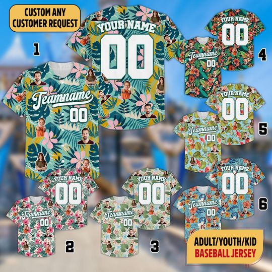 Discover Hawaiian Baseball Jersey With Custom Face Teamname Name Number, Personalized Hawaii Floral Shirt For Men Women Youth Matching Jersey