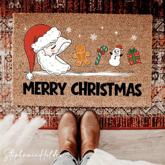 Discover Funny Santa Chasing Cookies Doormat, Merry Christmas Welcome Mat, Holiday Door Rug, Festive Entry Mat, Christmas Gift Idea
