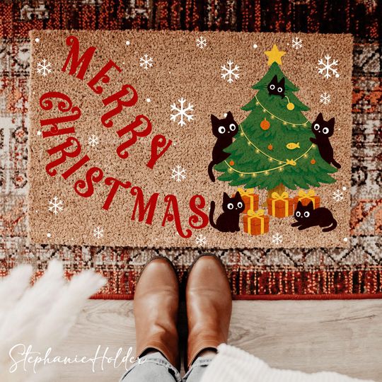 Discover Meowy Christmas Doormat, Cute Cat Holiday Door Rug, Festive Cat Lover Gift, Christmas and Holiday Decor