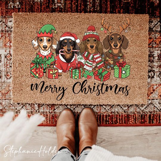Discover Merry Christmas Dachshund Doormat, Puppy Holiday Door Mat, Dog Lover Christmas Mat