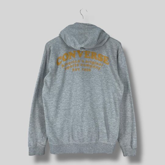 Discover Vintage CONVERSE Zipper Hoodie Medium Y2K Converse Spellout Printed Sportswear Converse Chuck Taylorr Gray Zip Up Distressed Sweater Size M