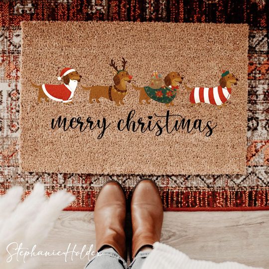 Discover Merry Christmas Dachshund Doormat, Puppy Christmas Holiday Door Mat, Dog Lover Holiday Mat
