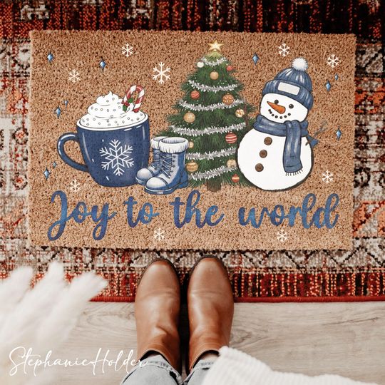 Discover Joy To The World Doormat, Snowman Doormat, Winter Welcome Mat, Holiday Door Mat, Patio Decor, Snowflake Doormat