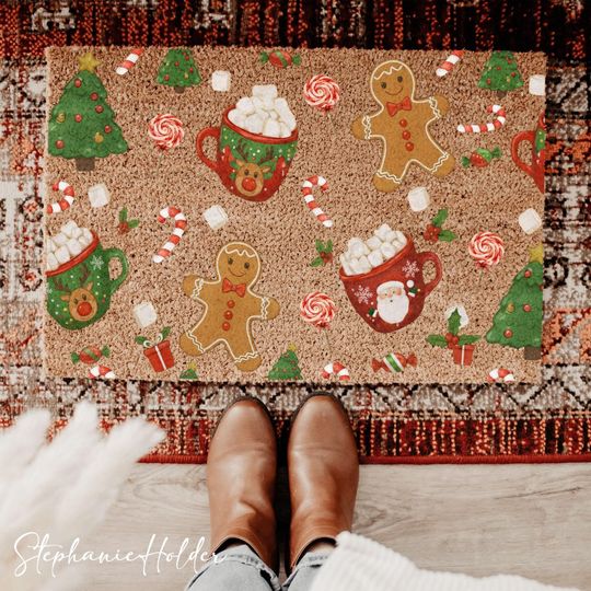Discover Gingerbread Doormat, Christmas Floor Mat, Holiday Entrance Rug, Winter Home Decor